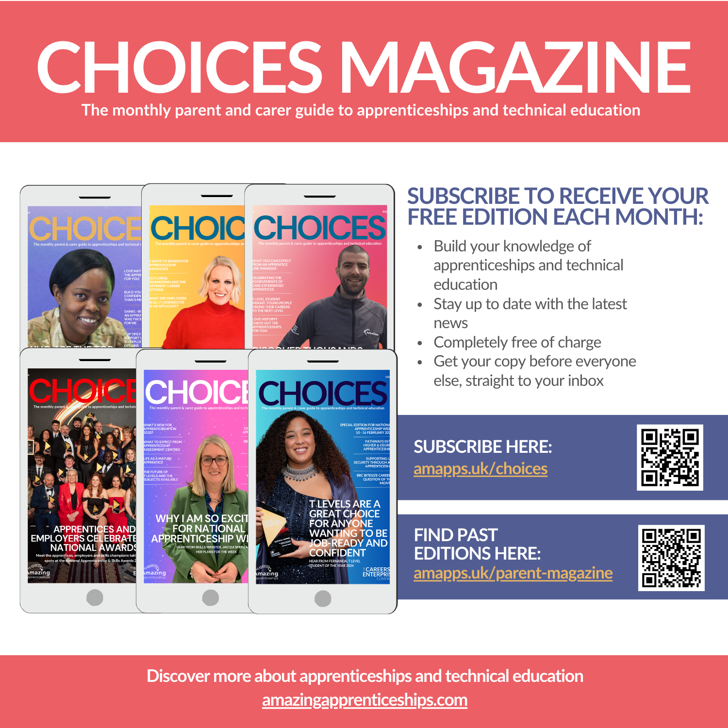 Image shows an advert for Choices Magazine, with 6 past front covers - the text and links on this image are in the copy next to the image.