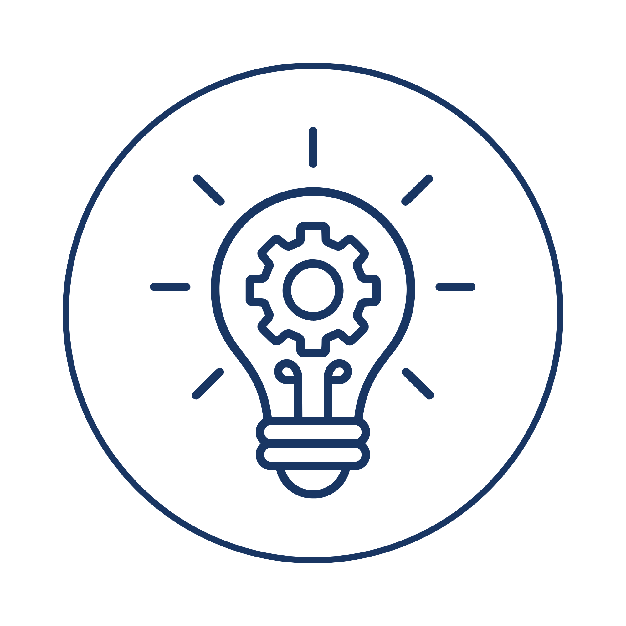 Image shows an icon in a circle of a lightbulb shining with a cog inside of it