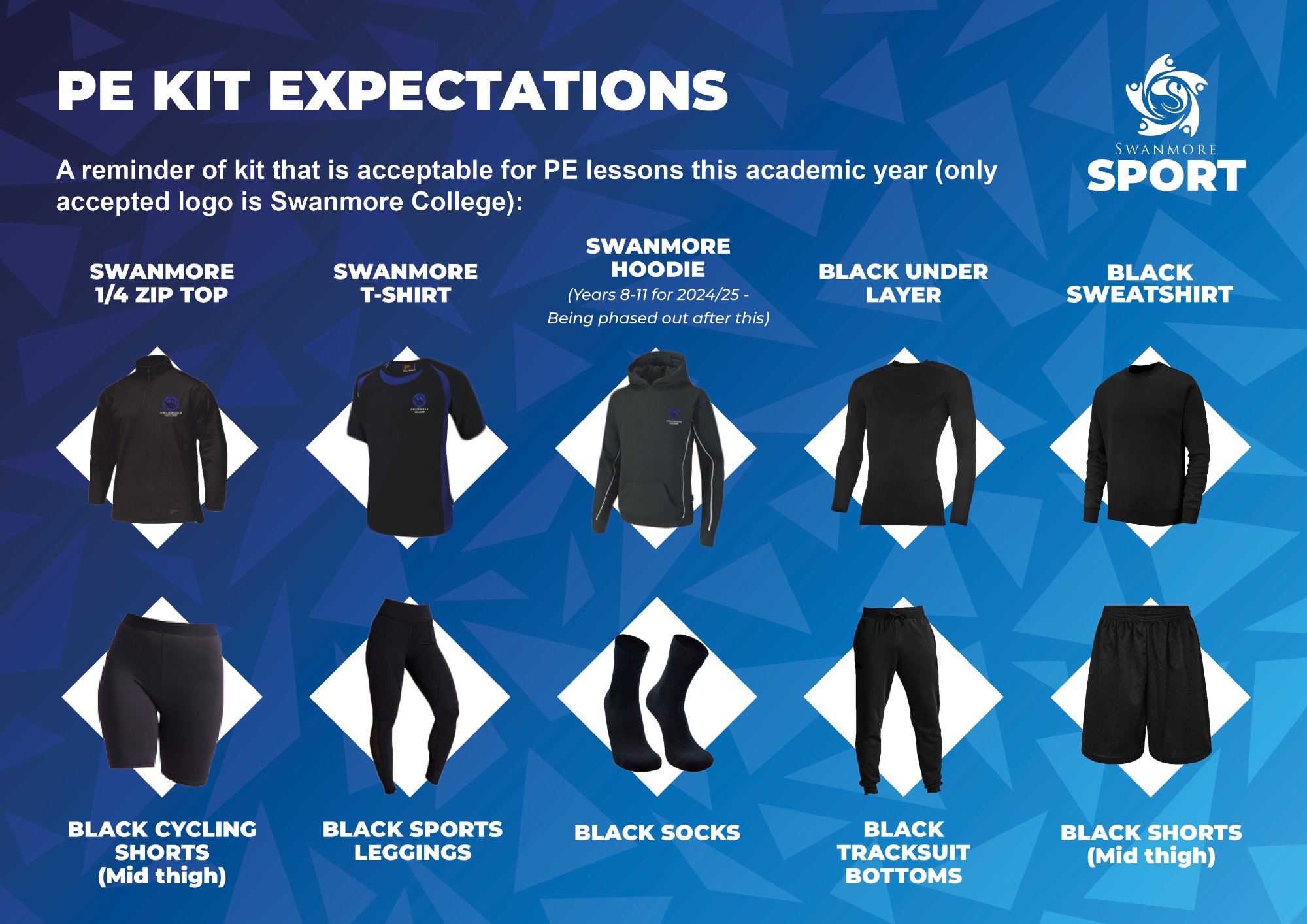 Image shows pictures of the correct unbranded items needed for Swanmore College PE - further details are listed below.