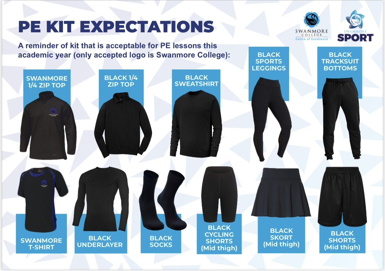 Image shows pictures of the correct unbranded items needed for Swanmore College PE - further details are listed below.