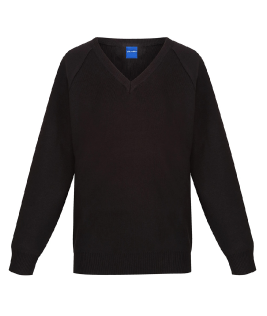 Image shows a black v-neck jumper