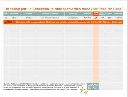 Image shows the Readathon sponsorship form