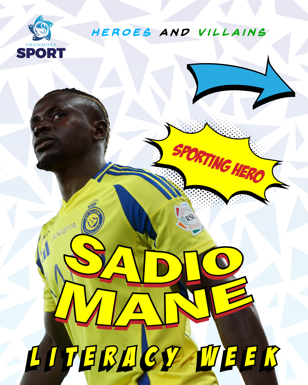 Image shows Sadio Mane - a sporting hero for literacy week