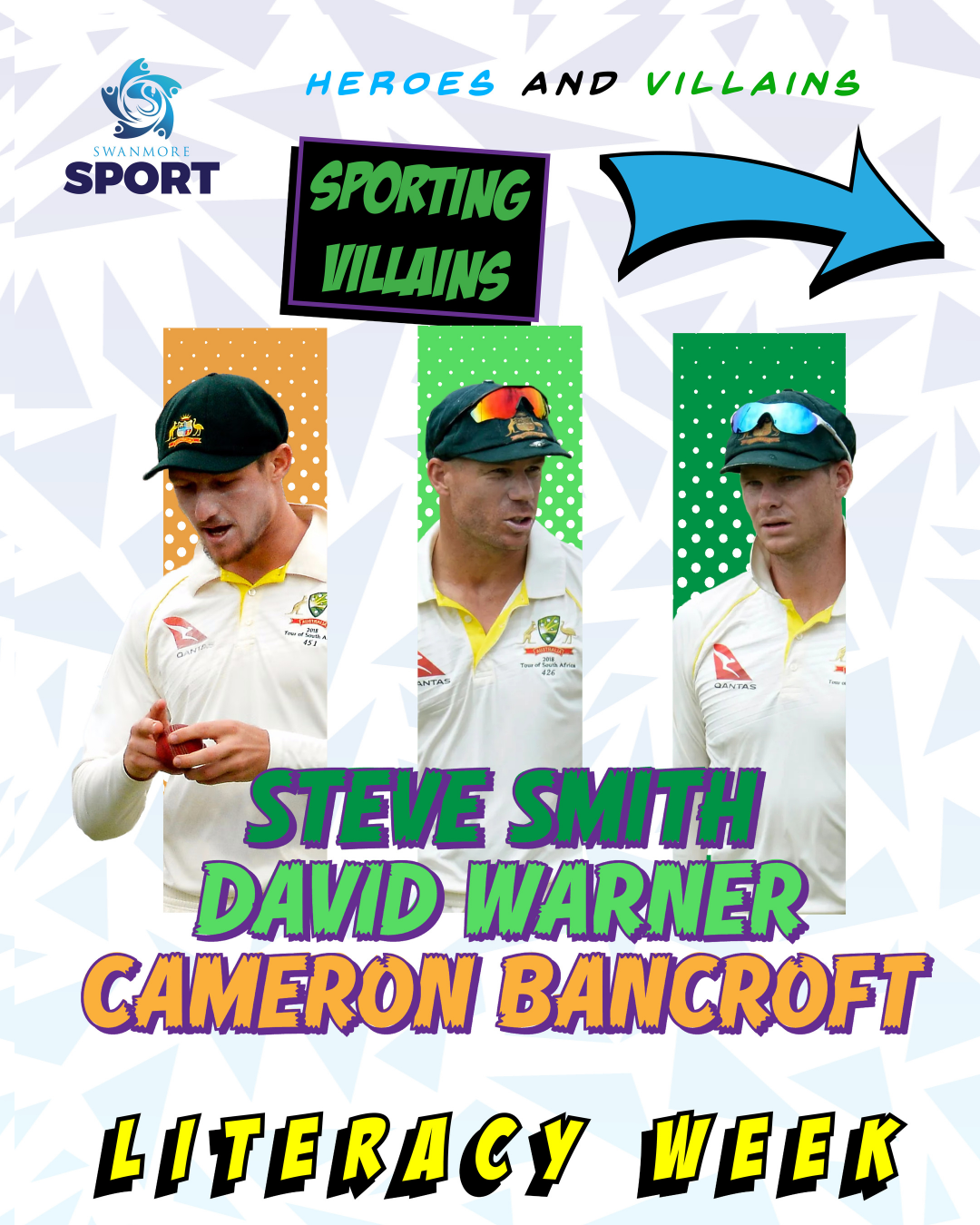 Image shows cricket villains Steve Smith, David Warner and Cameron Bancroft for literacy week