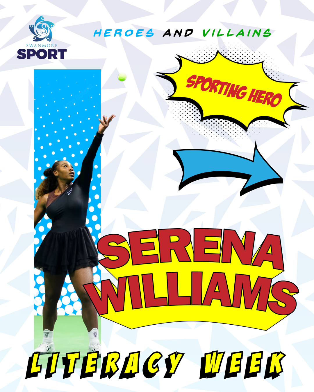 Image shows a picture of Serena Williams as a sporting hero for literacy week