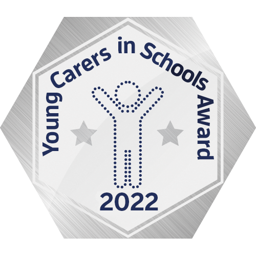 Image shows the Young Carers in Schools Award logo for 2022. This is award is granted by The Childrens' Society .