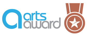 Image shows the bronze arts award logo - a stylised lower case a with the words arts award next to it and a bronze coloured medal hanging to the right of it