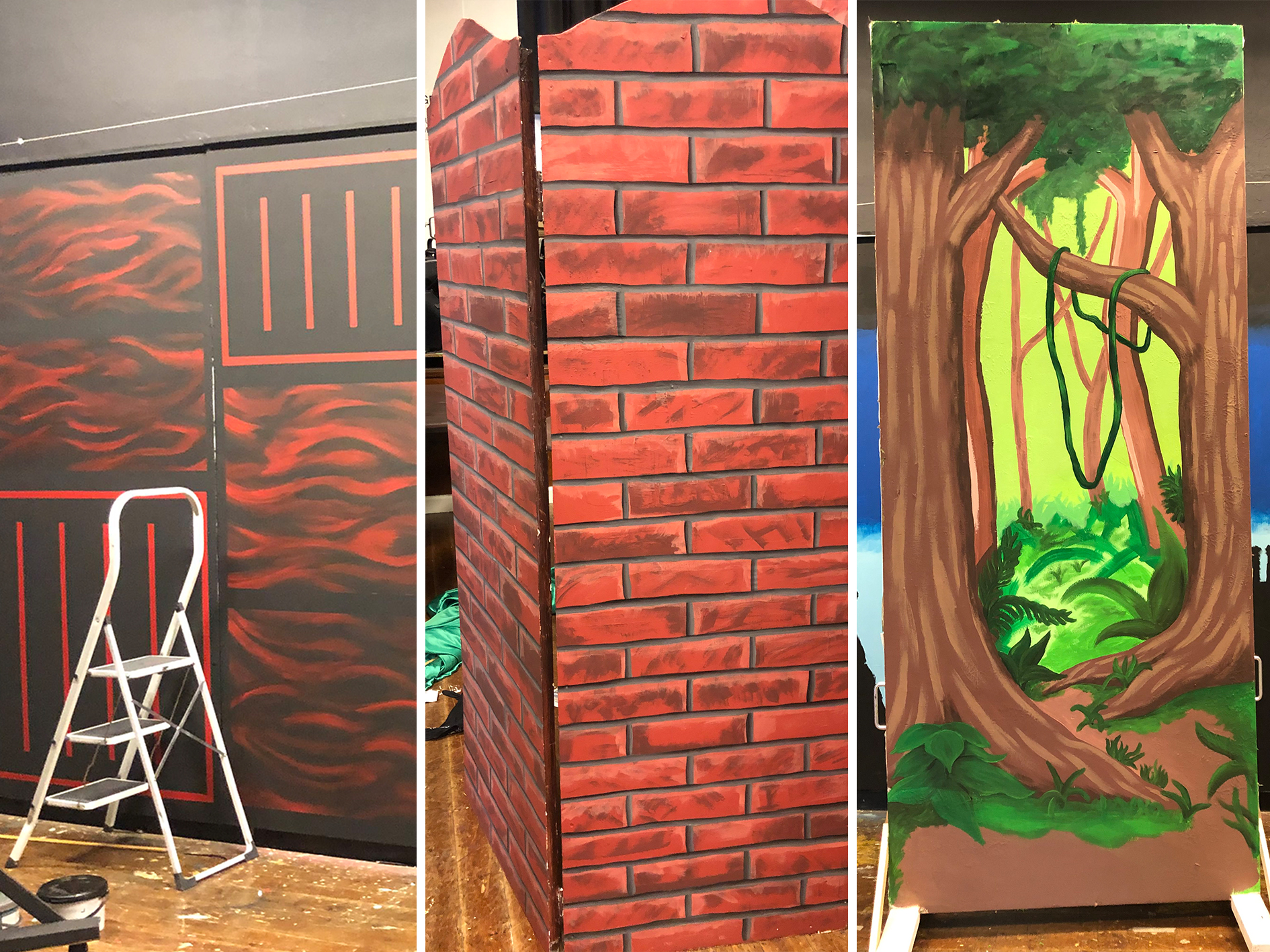 Image shows 3 examples of past sets - a black and red background, a painted brick wall with hinges and a woodland scene