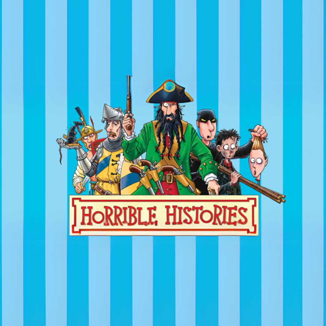 Image shows a blue and light blue striped background with the horrible histories logo and several characters from history behind it
