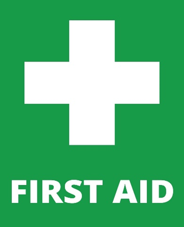 Image shows a First Aid sign with a white cross on a green background