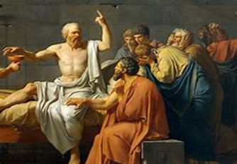 Image shows part of the painting The Death of Socrates  by the French artist Jacques Louis David in 1787 - when convicted of impiety, he died willingly rather than give up his beliefs. He spoke about how the soul never dies before drinking hemlock - a poison.